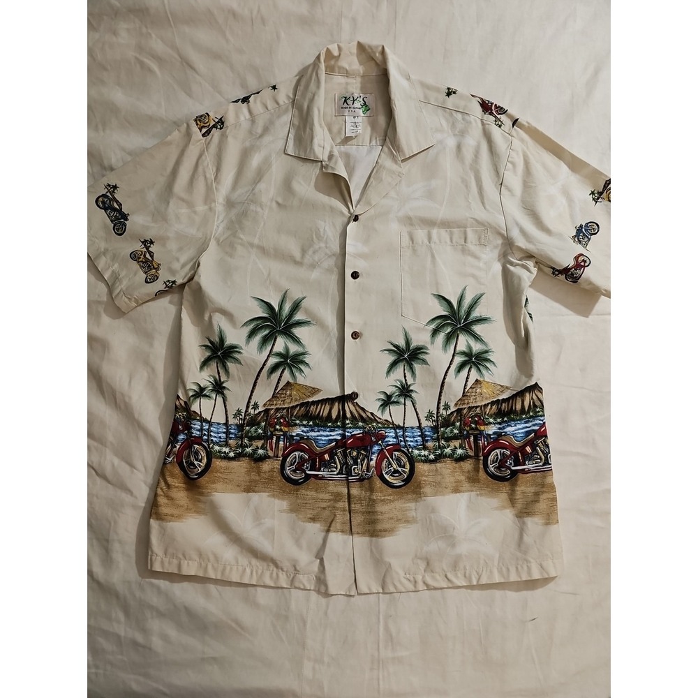 KY'S Tan Hawaiian Motorcycle Camp Shirt Made in Hawaii Mens L‎